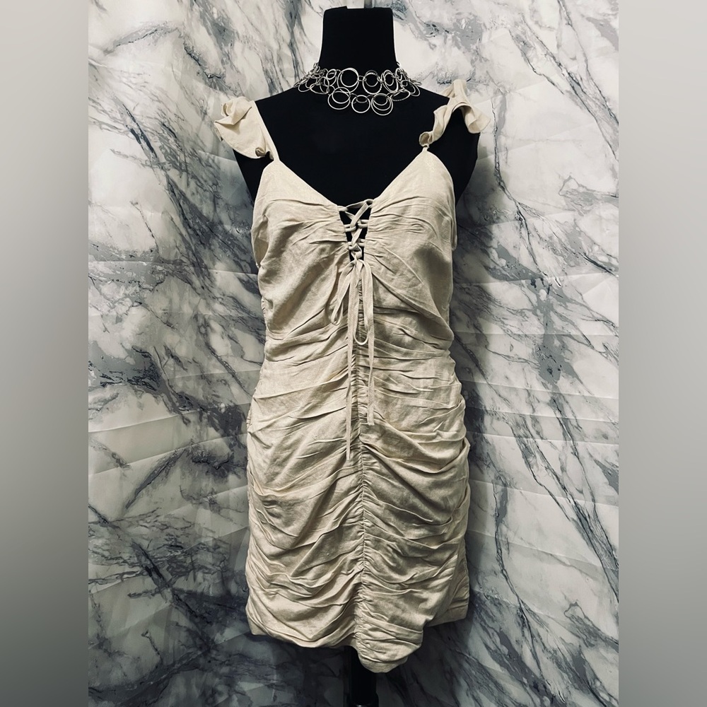 MINKPINK Cream Bodycon Mini Dress with Ruched Texture and Spaghetti Straps